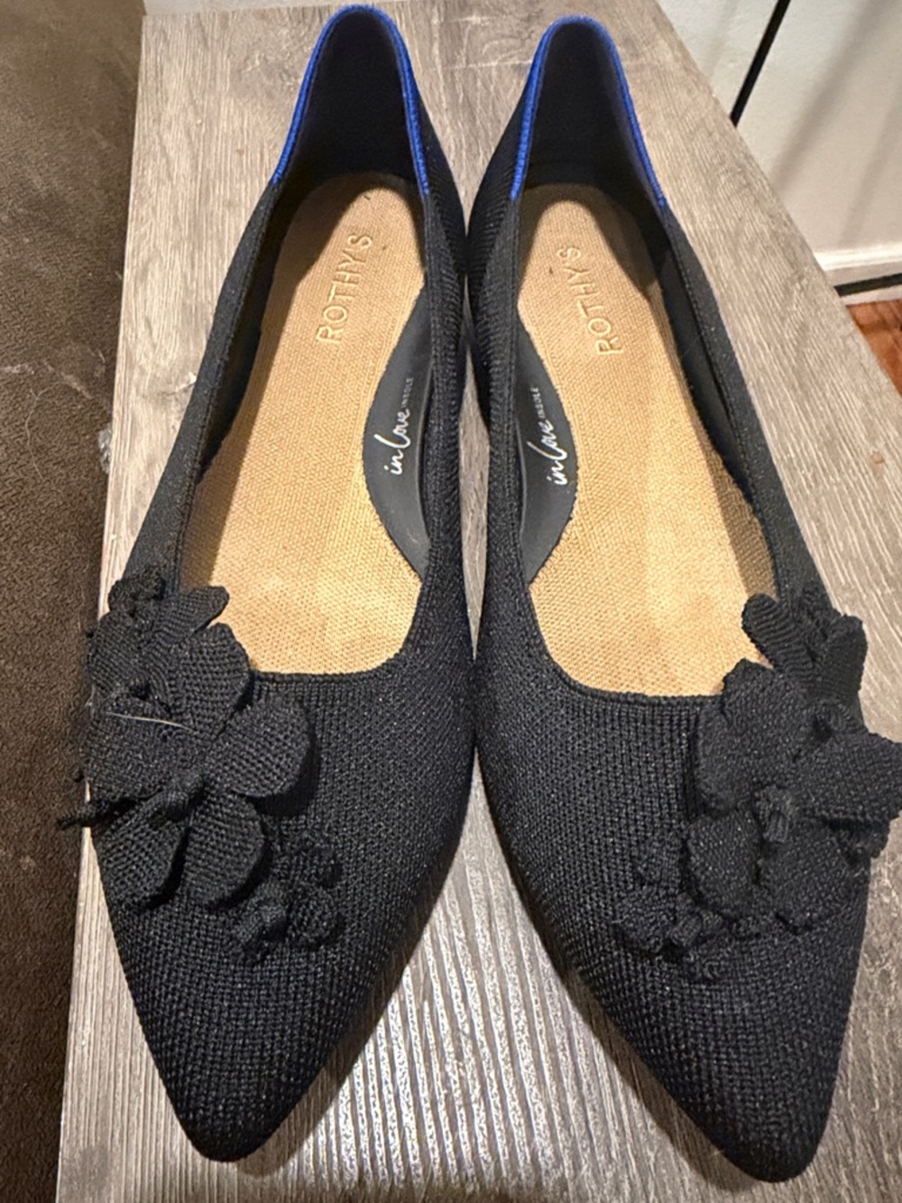 Rothy's Black Pointed Toe Floral Ballet Flats
